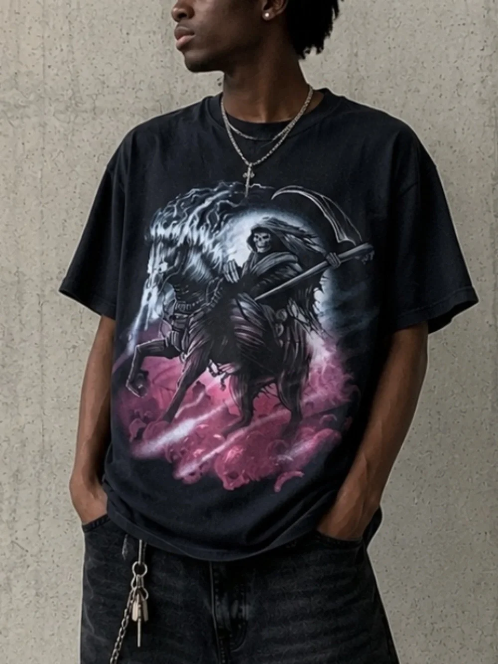 Grim Reaper Shirt Men’s Medium Skull Black Y2K Horse Graphic Print T-Shirt Heavy